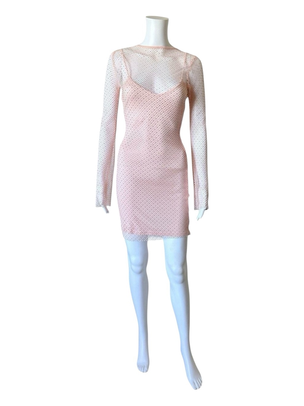 Thirty Thirty 2 Piece Bodycon Dress Womens XS Pink Rhinestone Mesh Mini NWT